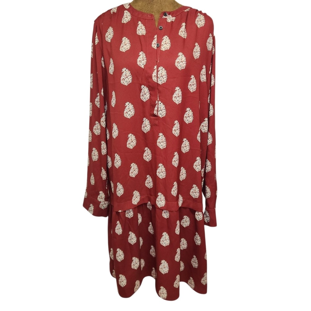 Loft Dress Size L Long Sleeve Burgandy Red Paisley Button Front Shift Knee Lengt